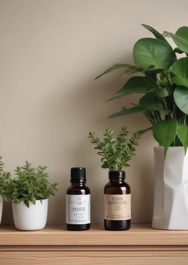 A small bottle of lavender essential oil sits on a wooden surface. The bottle has a white cap and a purple label indicating it is a therapeutic-grade product. In the blurred background, there is a plant in a terracotta pot and a light-colored wooden cabinet with drawers.