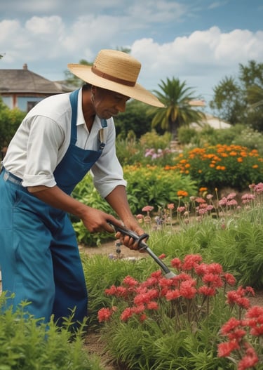 a man is standing in a garden with a raket