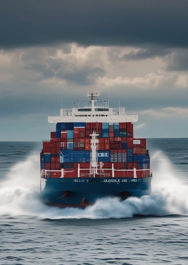 A large cargo ship is loaded with multiple shipping containers stacked high. Cranes labeled 'Terminal Burchardkai' are positioned above, suggesting the loading or unloading process is underway. The ship is sailing through a body of water with a cloudy sky overhead. The containers are colorful and bear various company logos.