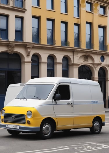 A bright yellow delivery van with the words 'DIE POST' in black and a red cross logo is parked on a street in front of a red building. The building has several windows with closed shutters.