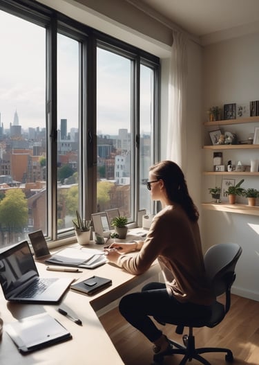 A cozy home office setup with soundproof windows and a comfortable desk.