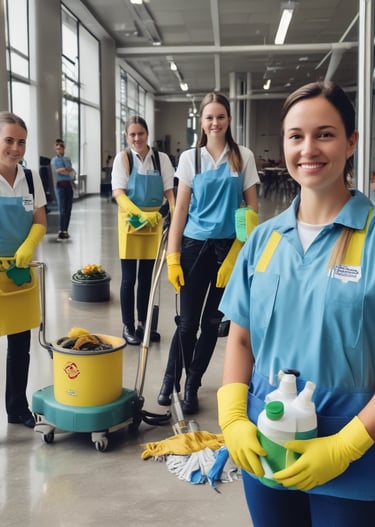 A team of licensed cleaners working together in an office.