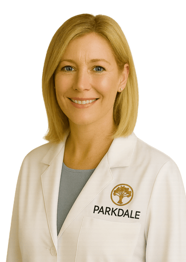 a woman in a lab coat with a Parkdale secret addiction