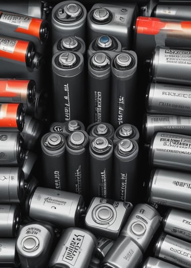 Two black lithium-ion battery packs are placed against a vibrant yellow background. The battery on the right has a blue label with technical specifications and safety notices, while the battery on the left features a black and green label with similar information.