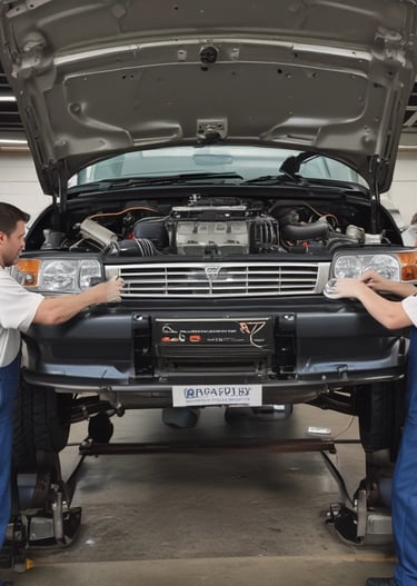 Technician performing a brake repair service at a customer's home.