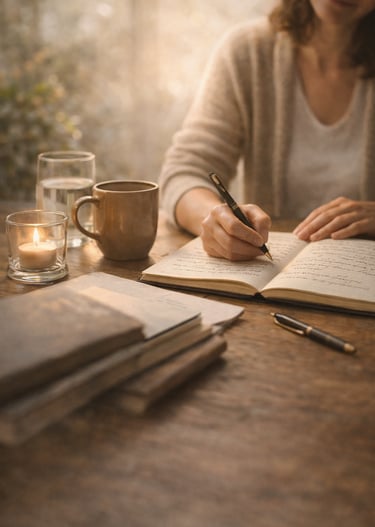 Uma mulher escrevendo em um caderno simbolizando presença guiada