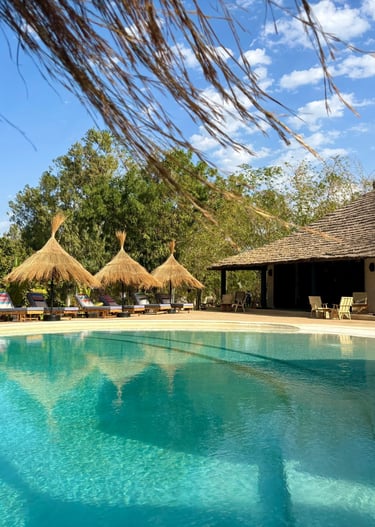 Vue de la piscine et du bar de l'hôtel de luxe, Maison Fimela, situé dans le Sine Saloum