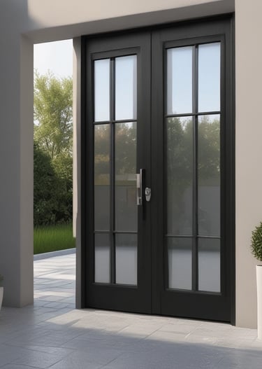 A double door painted in blue with metallic horizontal bars across each section. Above the doors, a row of vertical metal bars is attached to an overhanging section. The doors and the structure surrounding them exhibit a combination of industrial and modern design.
