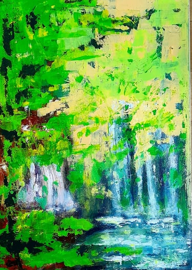 Peinture acrylique 50×70 cm, suggérant le mouvement, la chute et la fluidité de l’eau.