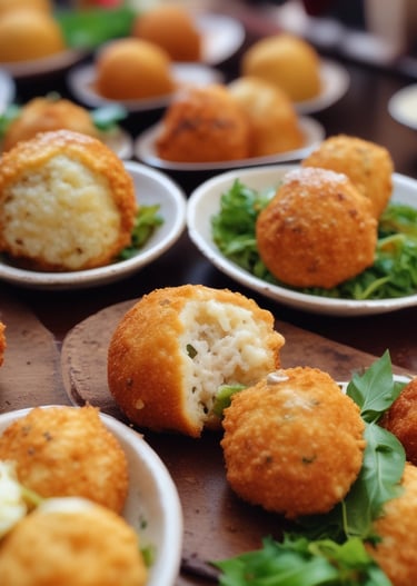 Two spherical rice balls with herbs and a small red garnish on top sit on a white plate featuring a red rim. A portion of a brown, textured garnish or condiment accompanies the rice balls, and a golden sauce is spread across the plate.