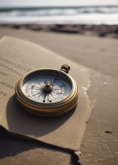 A close-up of a compass resting on a sandy beach, symbolizing guidance and direction.