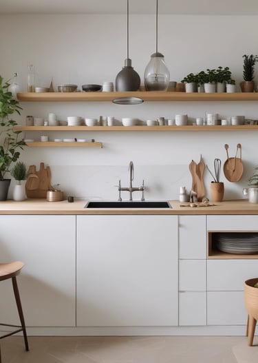 Hands gently arranging plants on a tidy wooden table.