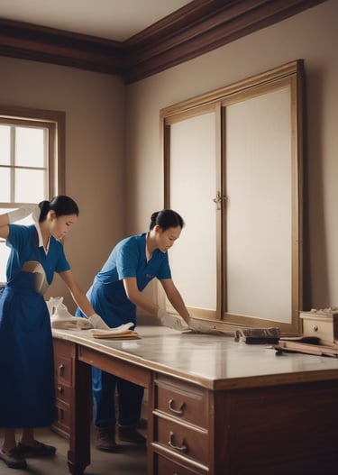 A group of people inside a room engage in cleaning or maintenance activities. One person sweeps the floor with a broom while others stand and observe, smiling or gesturing. The room has wooden structures and a child rests on a bed nearby.