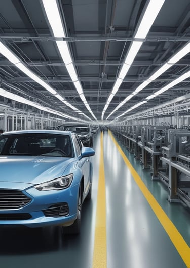 A vehicle assembly line inside an automotive factory, featuring a white SUV at the forefront. Bright overhead lights illuminate the work area, with several workers engaged in the production process. The SUV is stationed on a conveyor belt, with nearby tools and equipment supporting the assembly work.
