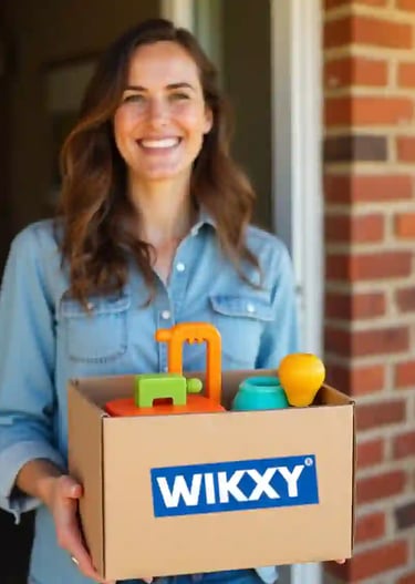 A happy, smiling woman receiving a free 3D printed package from WIKXY 3D printing at her doorstep.