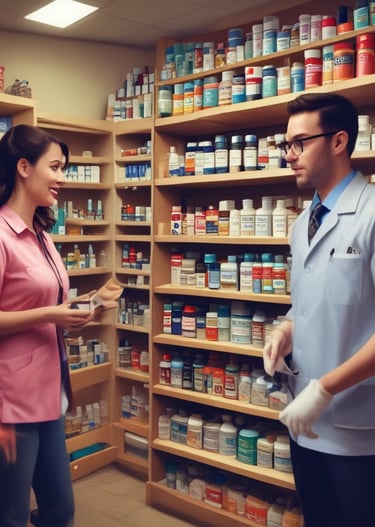 An exterior view of an old pharmacy building with vintage signage. The entrance features large glass doors displaying the word 'pharmacy' and posters on either side. The building has multiple storeys with balconies on the upper levels.