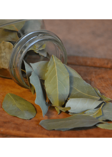 a jar of bay leafy leaves on a table