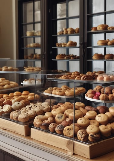 An assortment of freshly baked breads and pastries displayed on a rustic countertop, showcasing artisanal craftsmanship.