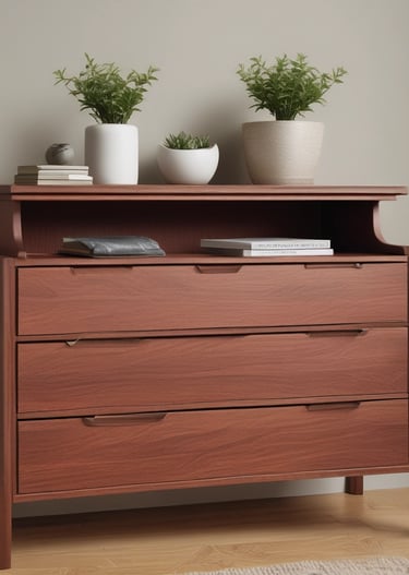 A modern interior scene featuring a mid-century style wooden cabinet with stylish grain patterns. A simple, abstract art piece in a frame rests on top of the cabinet. Beside the furniture, a short wooden stool with three legs adds a touch of minimalist design. The walls are painted in a neutral tone, complementing the wooden textures.