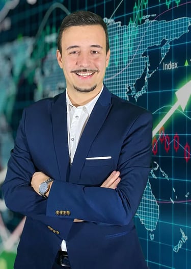 il professore di fut a mezzo busto sullo sfondo un grafico di trading