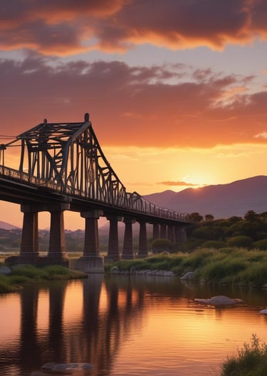 Modern architecture with a wave-like roof design stands prominently against a backdrop of traditional brick buildings. The scene is set alongside a calm waterway, with a bridge and a construction crane visible, adding an urban touch. The evening light casts a warm glow, highlighting the contrasting styles of the architecture.