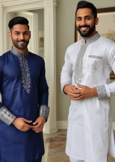 A person with long dark hair is wearing a blue patterned kurta with intricate floral designs. The attire features silver and white motifs, and the person accessorizes with large, ornate silver earrings. The background is simple and neutral, drawing focus to the clothing and jewelry.