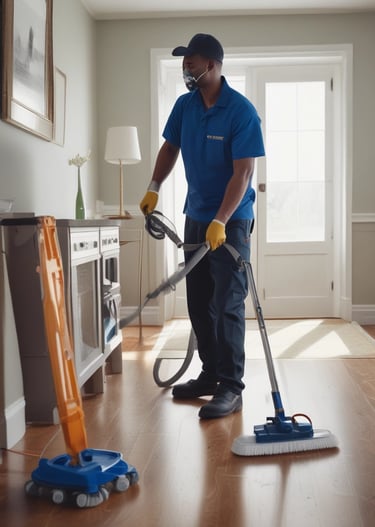 A team of cleaners working together in an office space.