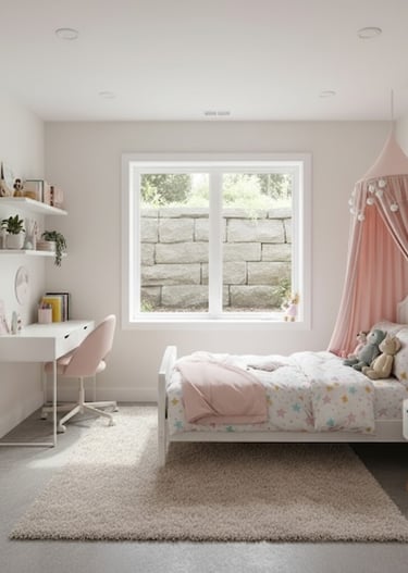 Image of a little girl's basement bedroom with an egress window