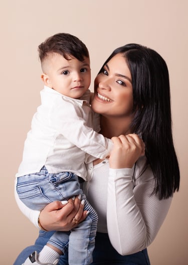 Sydney family portrait photography session of a mother and her son both dressed in blue denim jeans and white tops