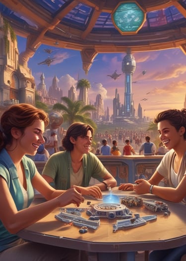 A group of friends enjoying games and drinks in a lively cantina setting in Nova Cite.