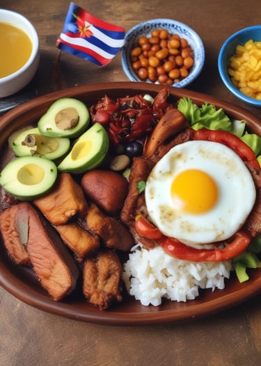 Three arepas filled with different ingredients sit on a white plate. One is filled with shredded beef and vegetables like corn and tomatoes, while the other two are filled with a creamy, green avocado mixture. The background features the flag of Venezuela, with sections of yellow, blue, and red that have white stars on the blue stripe.