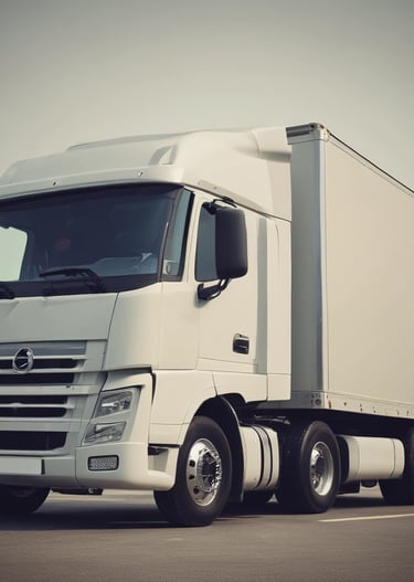 A moving truck with company branding is parked next to an open shipping container on a trailer. Two people are handling items near the container, while a car is parked in the background. The sky is overcast, and the ground appears to be asphalt.