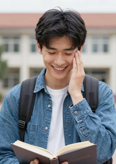 A student happily filling out FAFSA forms on a laptop at a sunlit desk.