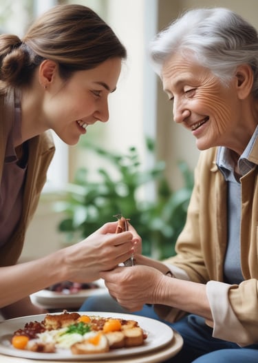 An elderly couple stands together, the woman seated in a wheelchair holding a blue folder with a gold logo. The man stands beside her, wearing a dark blue shirt with a patterned design. A decorative wall with a branching pattern and birds is in the background.