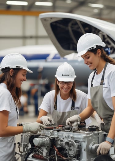 3 women wearing hardhats working on a jet engine inside an airplane hangar
