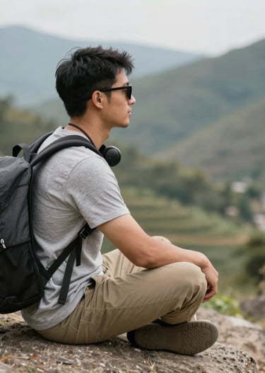 A person wearing a black t-shirt with the word 'TRAVEL' printed on it stands in front of a calm body of water, surrounded by lush green trees. The person is smiling and wearing glasses and a cap.
