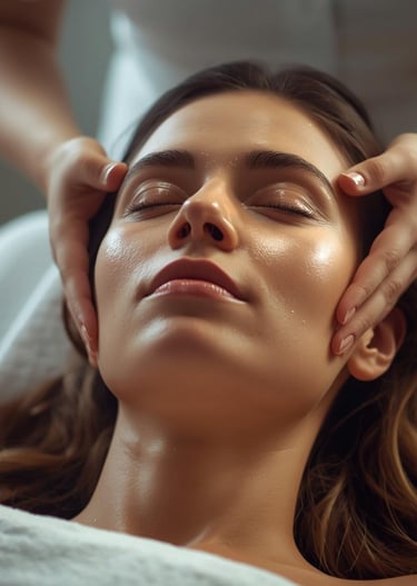 Profile of a woman in a calm spa, hand on face, smooth hydrated skin, natural glow, relaxed expressi