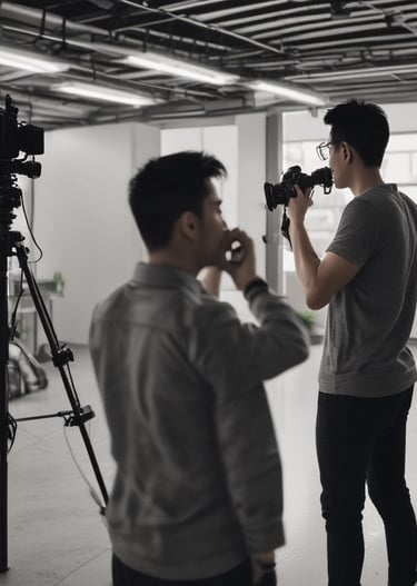 A videographer filming a dynamic scene with professional camera equipment outdoors.