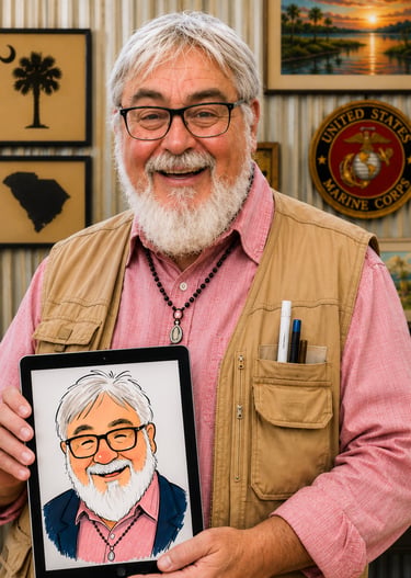 A photo of Opa holding a caricature of himself in his studio