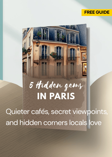 Free PDF guide “5 Hidden Gems in Paris” showing a Parisian townhouse cover design