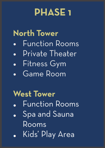 Phase 1 building amenities including fitness gym and game room in North Tower and West Tower spa.