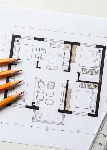Architect working on detailed interior design plans at a wooden desk with tools.