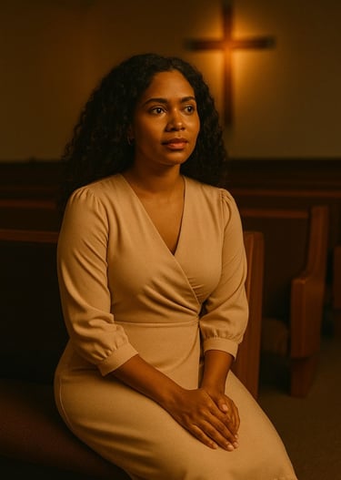 Candee sits quietly  in a chapel to meditate on God.
