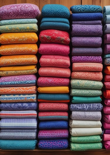 Neatly folded colorful kurtas and suits stacked on a wooden table, showcasing fabric textures.