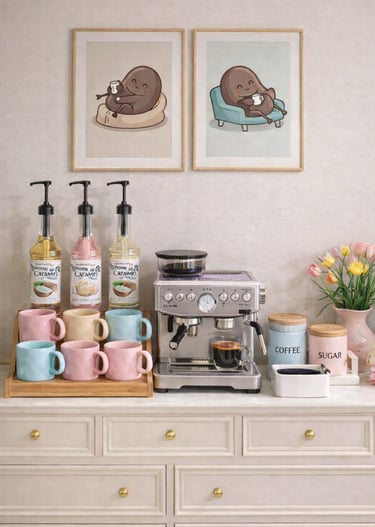 Home coffee bar station featuring breville espresso machine, pastel mugs, and caramel syrup bottles.