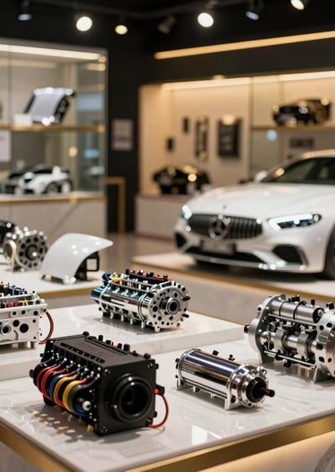 Elegant showroom display featuring Bentley, Maserati, and Rolls Royce parts.