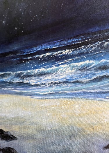 Wide expanse of night sky, sea, and white sand seen from a dark threshold. Original painting by Geeta Arya.
