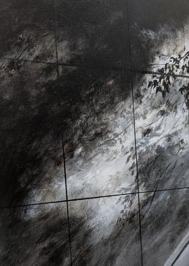 Light and Shadows dance like a silent black and white movie on a corporate office wall. Silent Play, Original by Geeta Arya