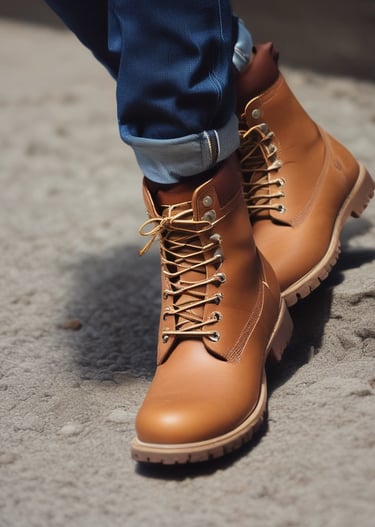 Man wearing black and olive boots walking confidently in an urban setting.