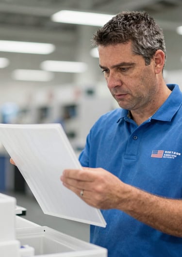 Rows of custom molded plastic parts neatly arranged on a factory shelf ready for shipment.